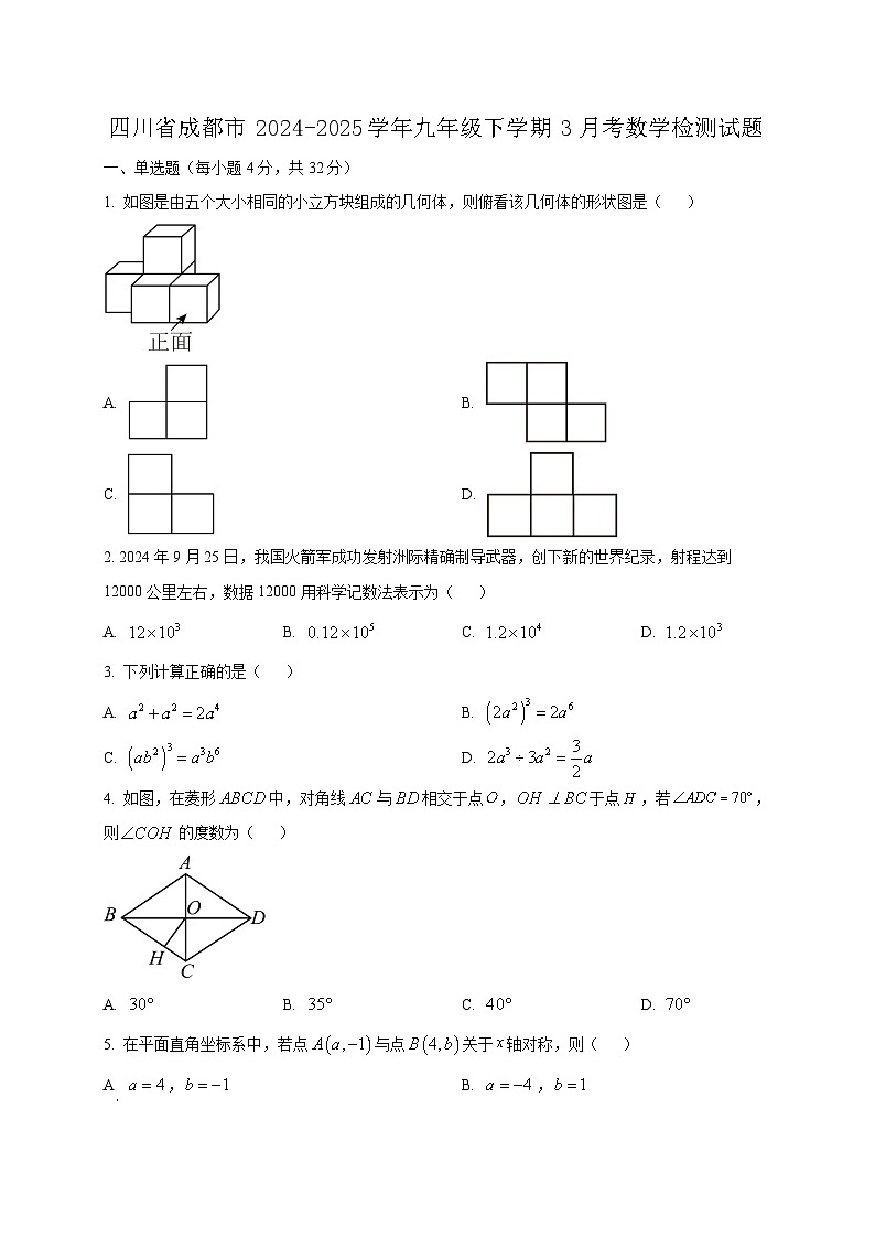 四川省成都市2024-2025学年九年级下学期3月考数学检测试题（附答案）第1页
