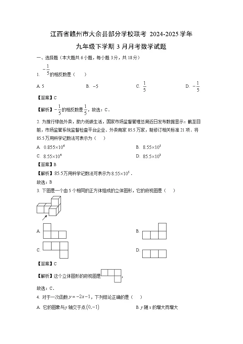 江西省赣州市大余县部分学校联考2024-2025学年九年级下学期3月月考数学试题（解析版）第1页