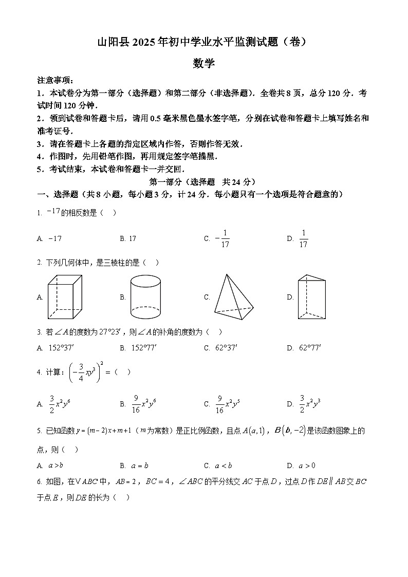 2025年陕西省商洛市山阳县中考一模数学试题（中考模拟）第1页