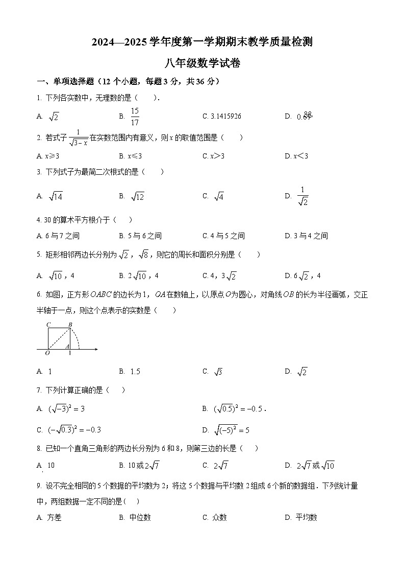 河北省邯郸市肥乡区2024-2025学年八年级上学期1月期末数学试题（原卷版+解析版）第1页