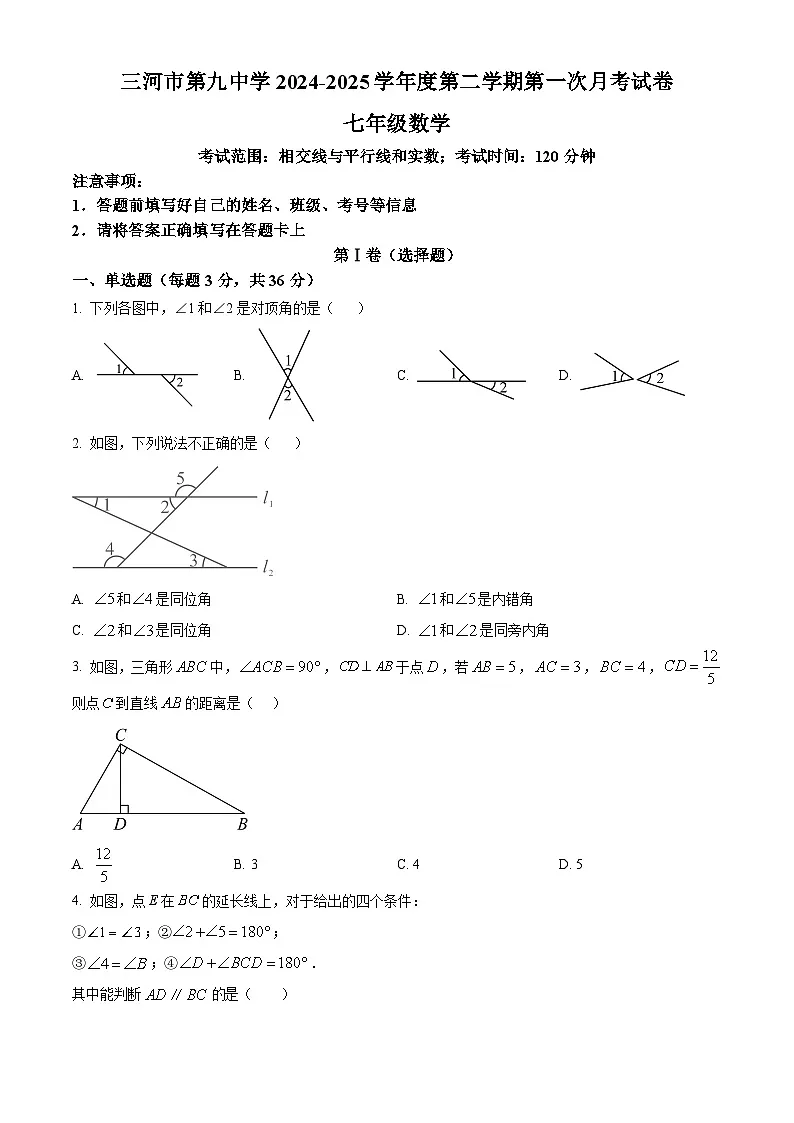 河北省廊坊市三河市第九中学2024-2025学年七年级下学期3月月考数学试题（原卷版+解析版）第1页
