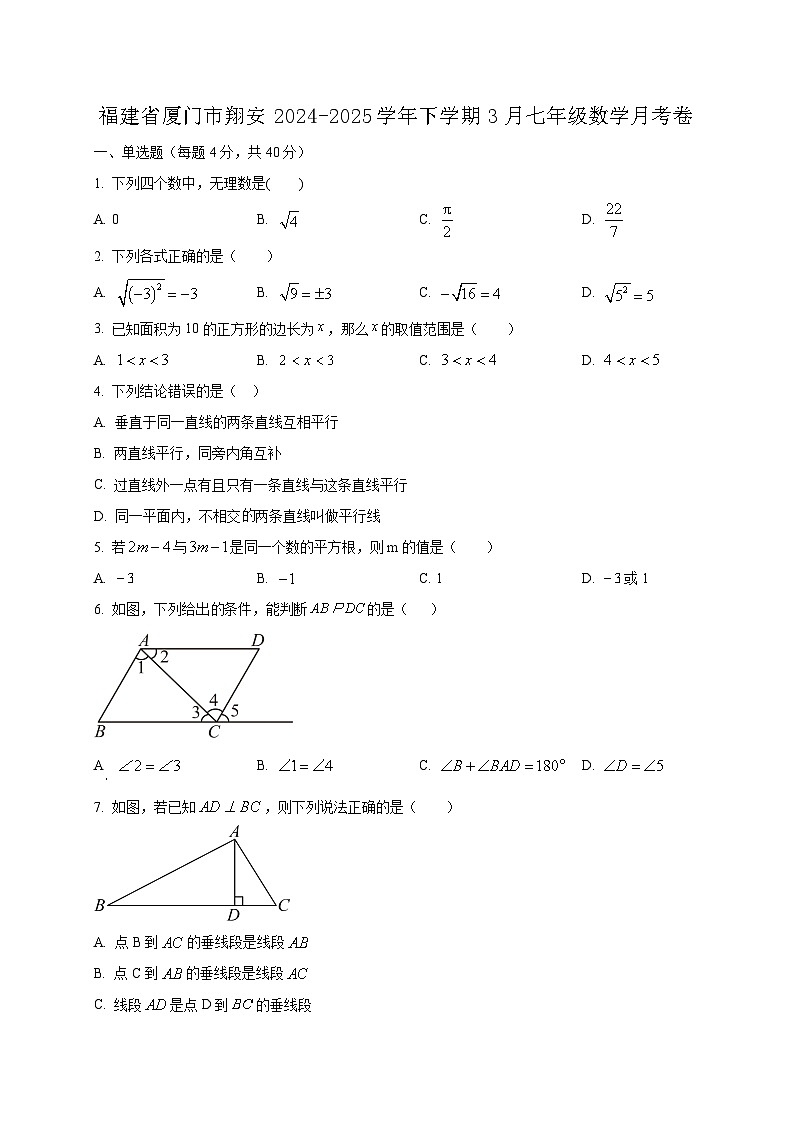 福建省厦门市翔安2024-2025学年下学期3月七年级数学月考卷（含答案）第1页