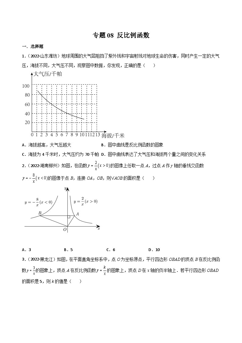 2022年中考数学真题分项汇编（全国通用）专题08反比例函数（共62题）（原卷版）第1页