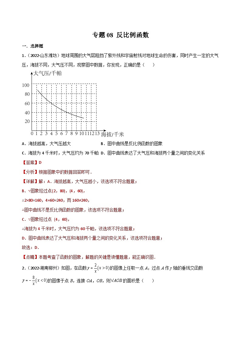 2022年中考数学真题分项汇编（全国通用）专题08反比例函数（共62题）（解析版）第1页