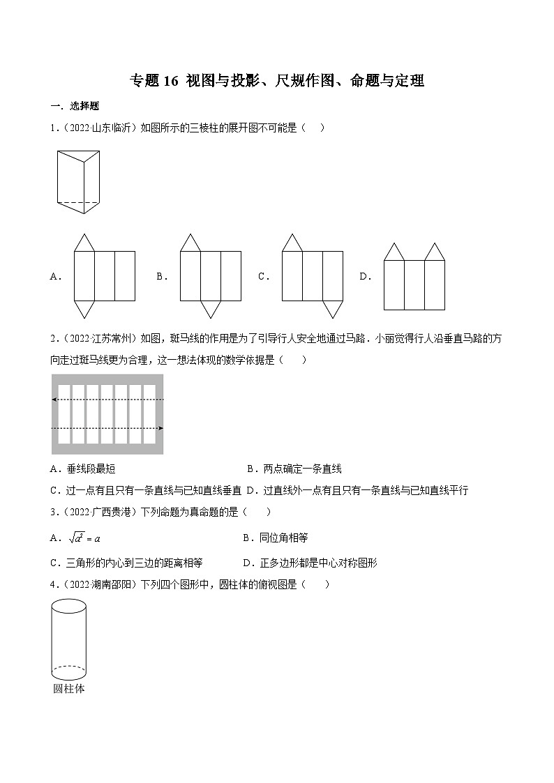 2022年中考数学真题分项汇编（全国通用）专题16视图与投影、尺规作图、命题与定理（共58题）（原卷版）第1页