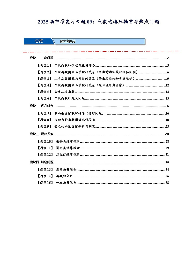 2025年中考数学压轴题型模型方与技巧（通用版）专题09函数选填压轴常考热点问题（原卷版）第1页