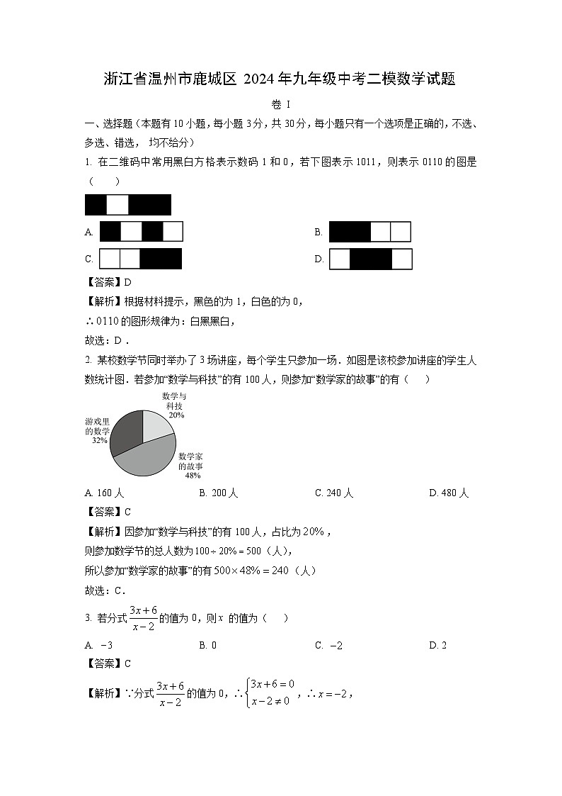浙江省温州市鹿城区2024年九年级中考二模数学试卷（解析版）第1页