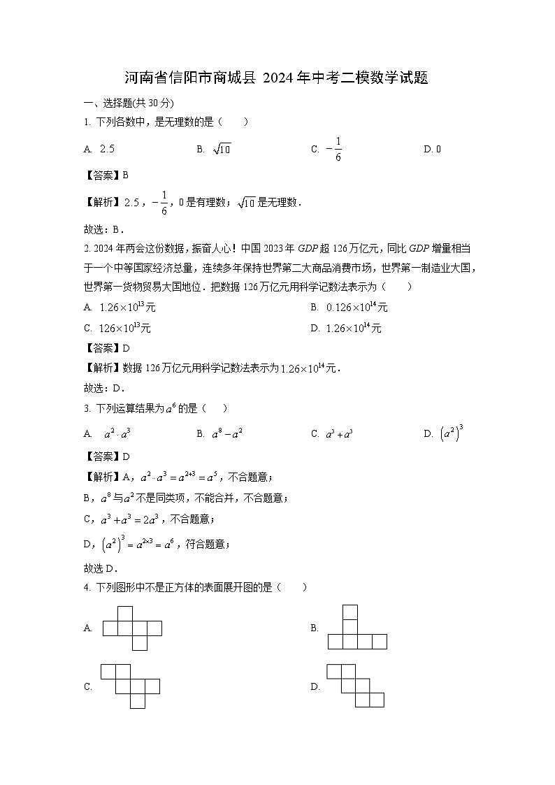 河南省信阳市商城县2024年中考二模数学试卷（解析版）第1页