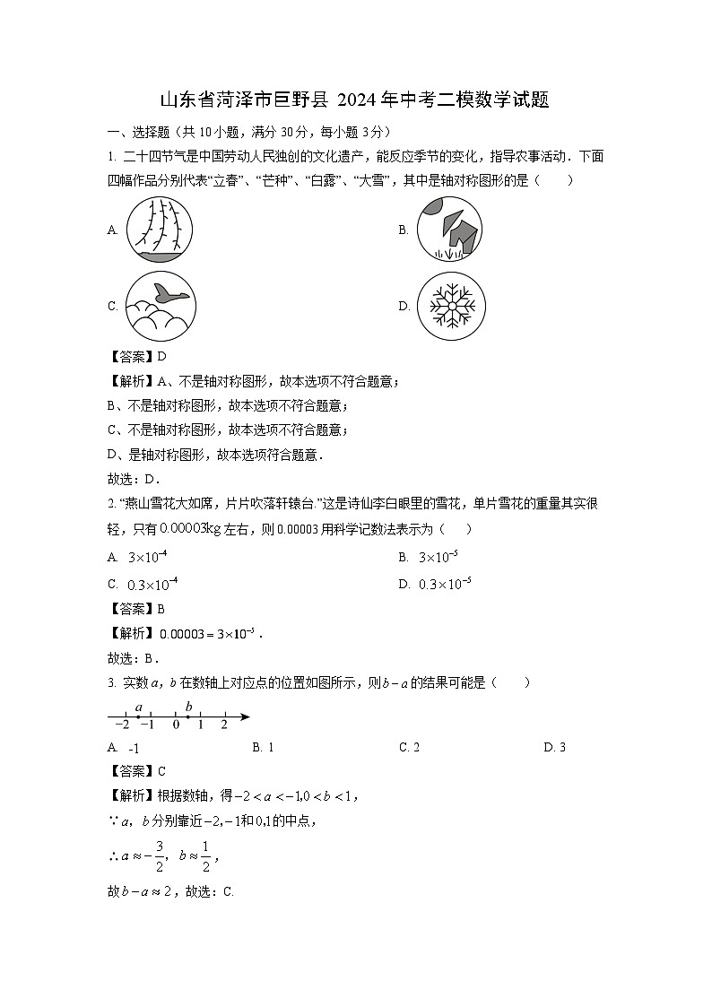 山东省菏泽市巨野县2024年中考二模数学试卷（解析版）第1页