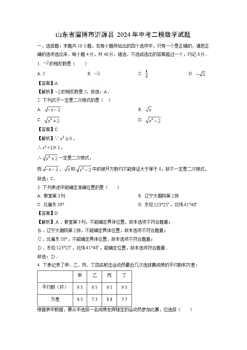 山东省淄博市沂源县2024年中考二模数学试卷（解析版）第1页
