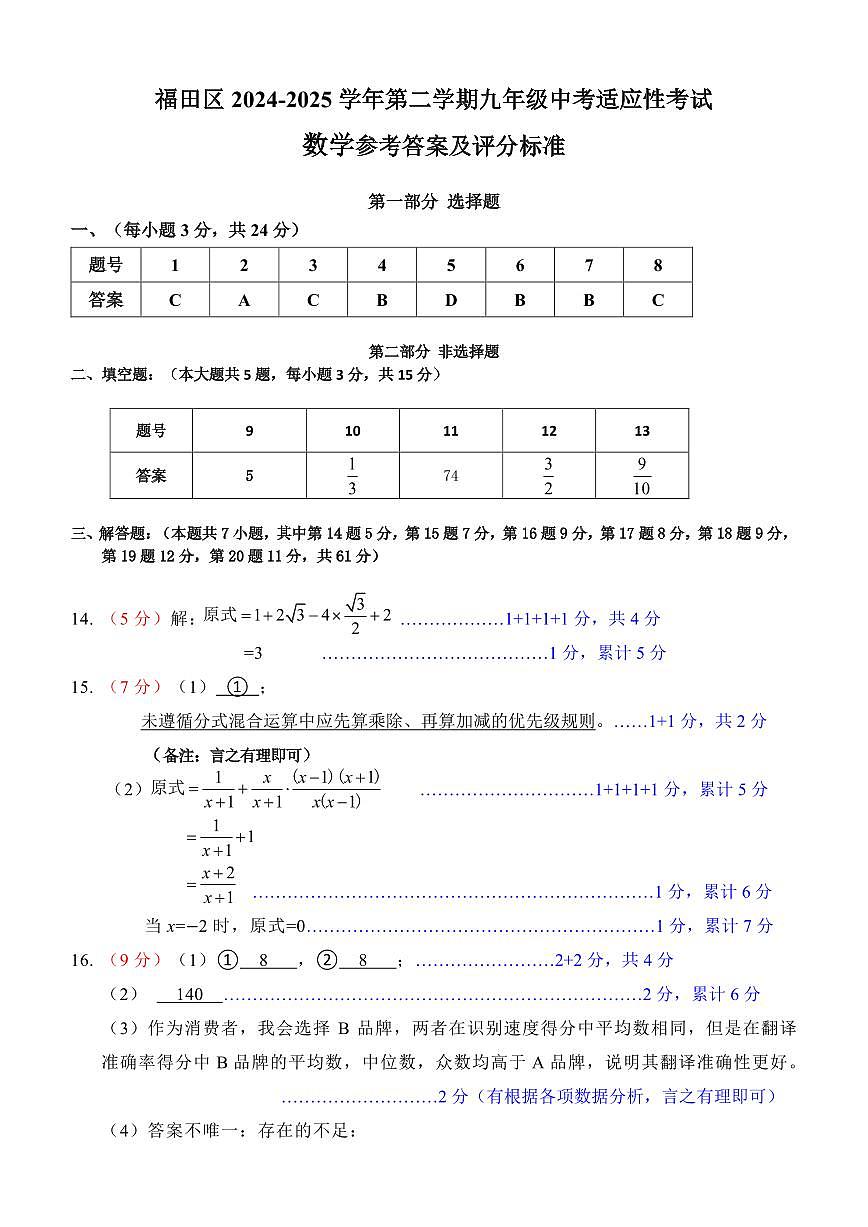 2025年深圳市福田区中考二模数学答案第1页