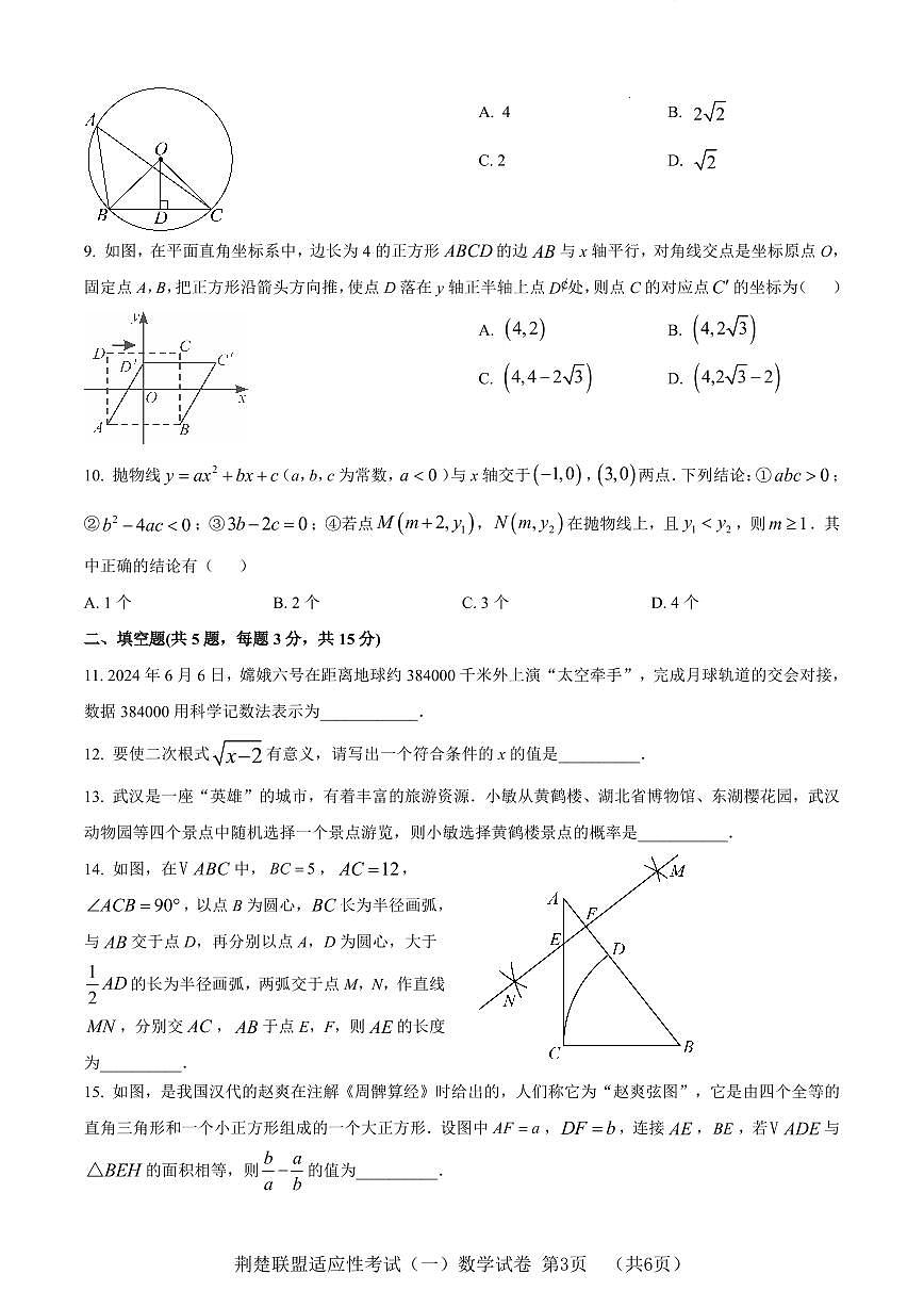 湖北省荆楚联盟2025年中考适应性考试数学试题（一）（word版含解析）第3页