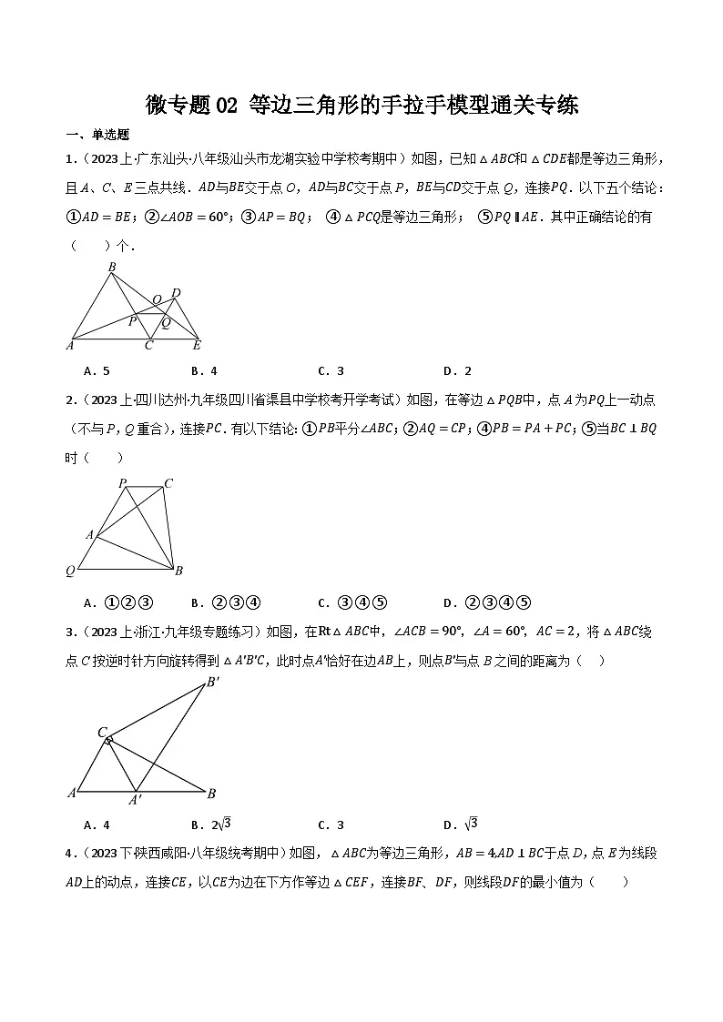微专题02 等边三角形手拉手模型通关专练(原卷版）第1页