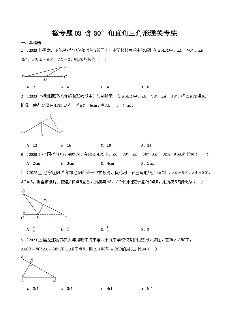 微专题03 含30°角直角三角形通关专练(原卷版）第1页