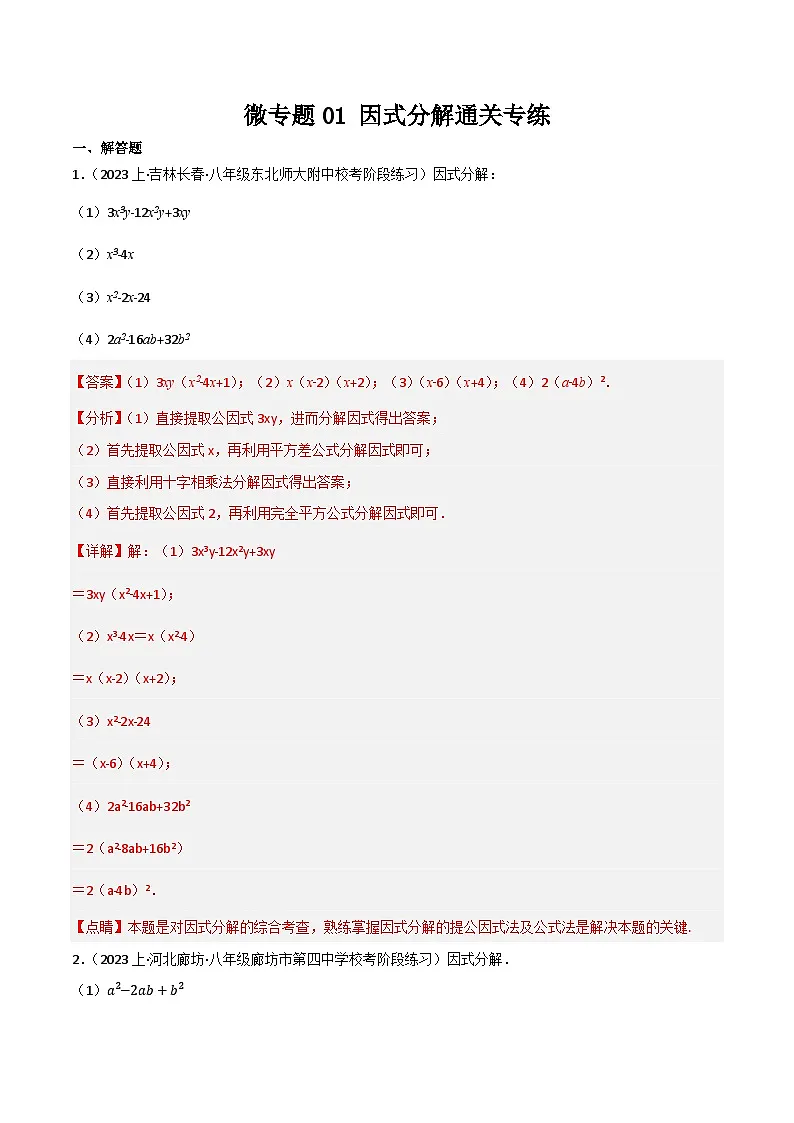 微专题01 因式分解通关专练(解析版） 第1页