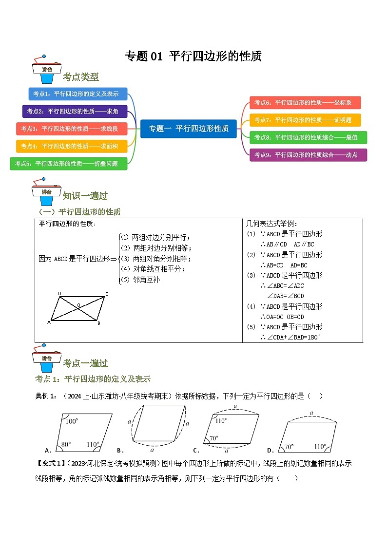 专题01 平行四边形的性质【知识串讲+9大考点】—八年级数学下册重难考点强化训练（北师大版）(原卷版）第1页