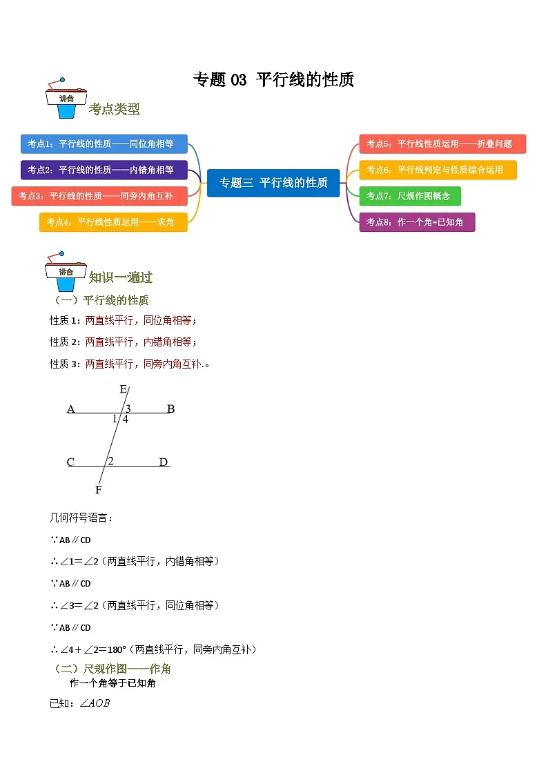 专题03 平行线的性质【知识串讲+8大考点】(解析版）第1页