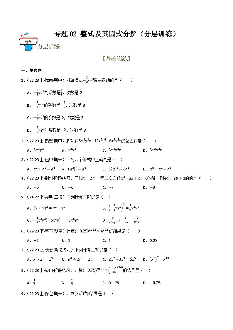 专题02 整式及其因式分解（分层训练）(原卷版）第1页
