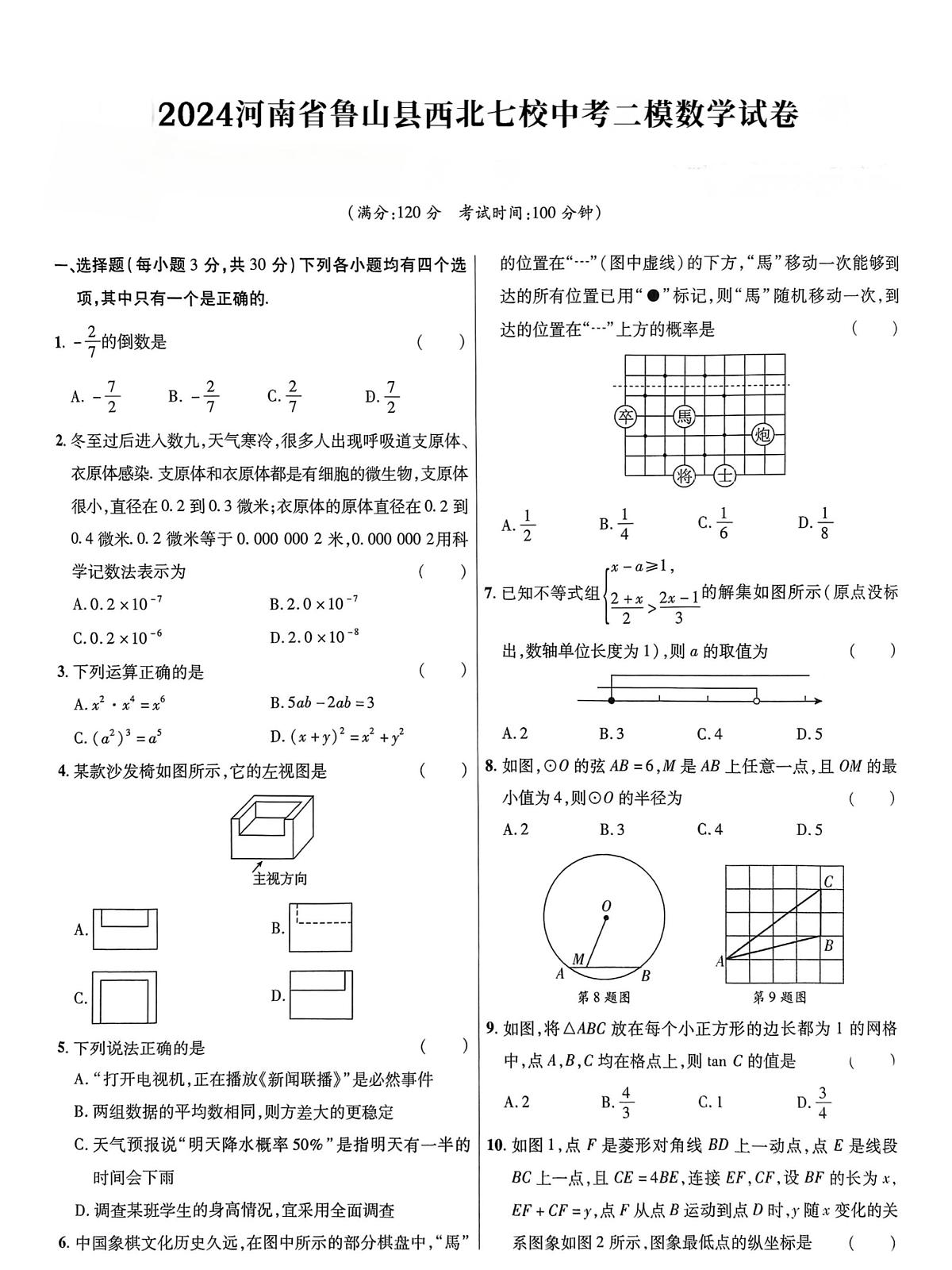 2024年河南省平顶山市鲁山县西北七校中考二模数学试卷　（中考模拟）第1页