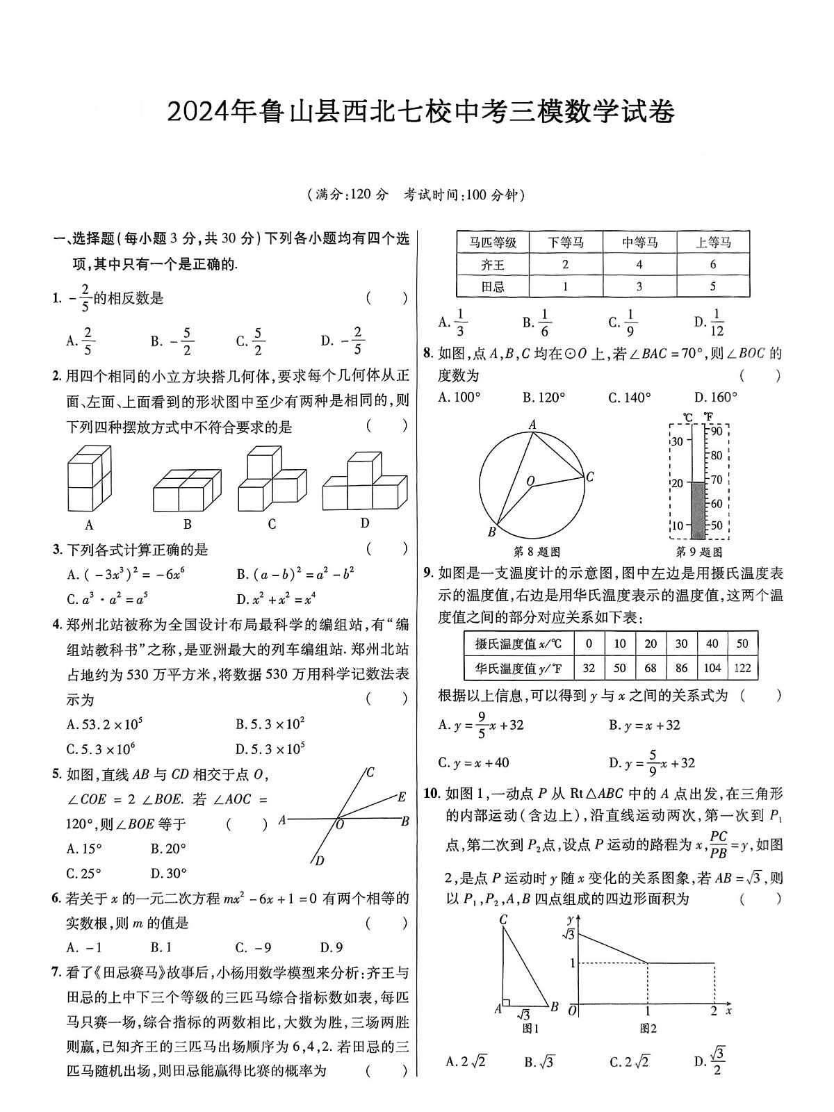 2024年河南省平顶山市鲁山县西北七校中考三模数学试卷（中考模拟）第1页