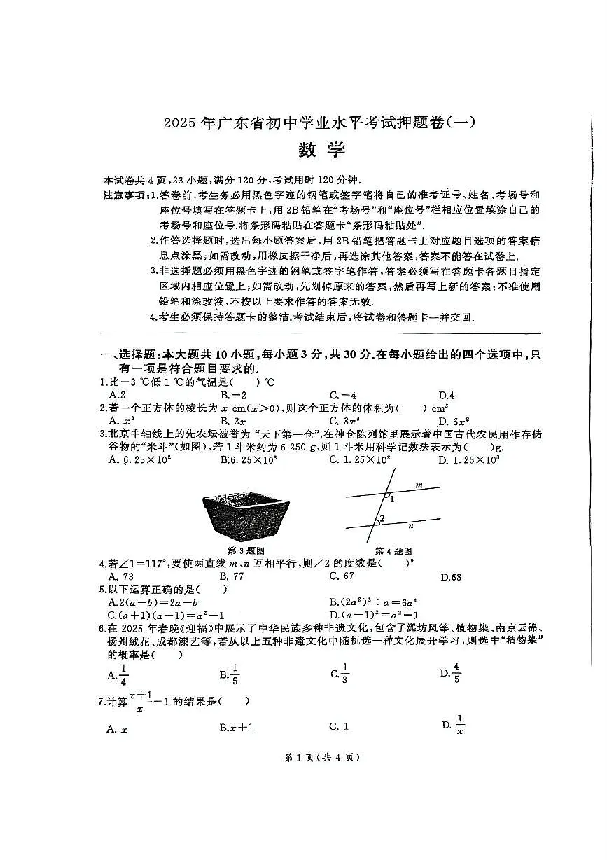 2025年广东省湛江市廉江市两校联考中考数学模拟试题（一）（中考模拟）第1页