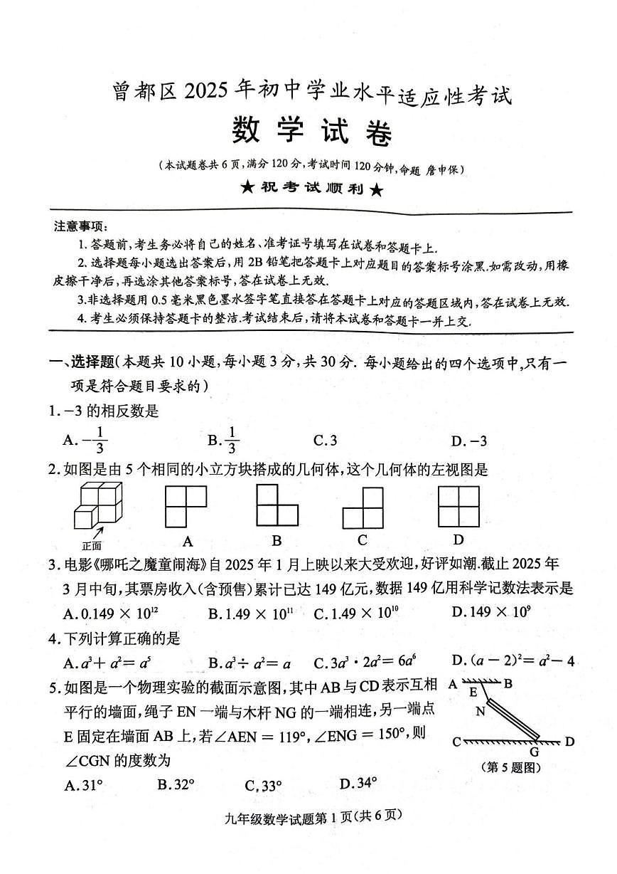 2025年湖北省随州市中考一模数学试题（中考模拟）第1页
