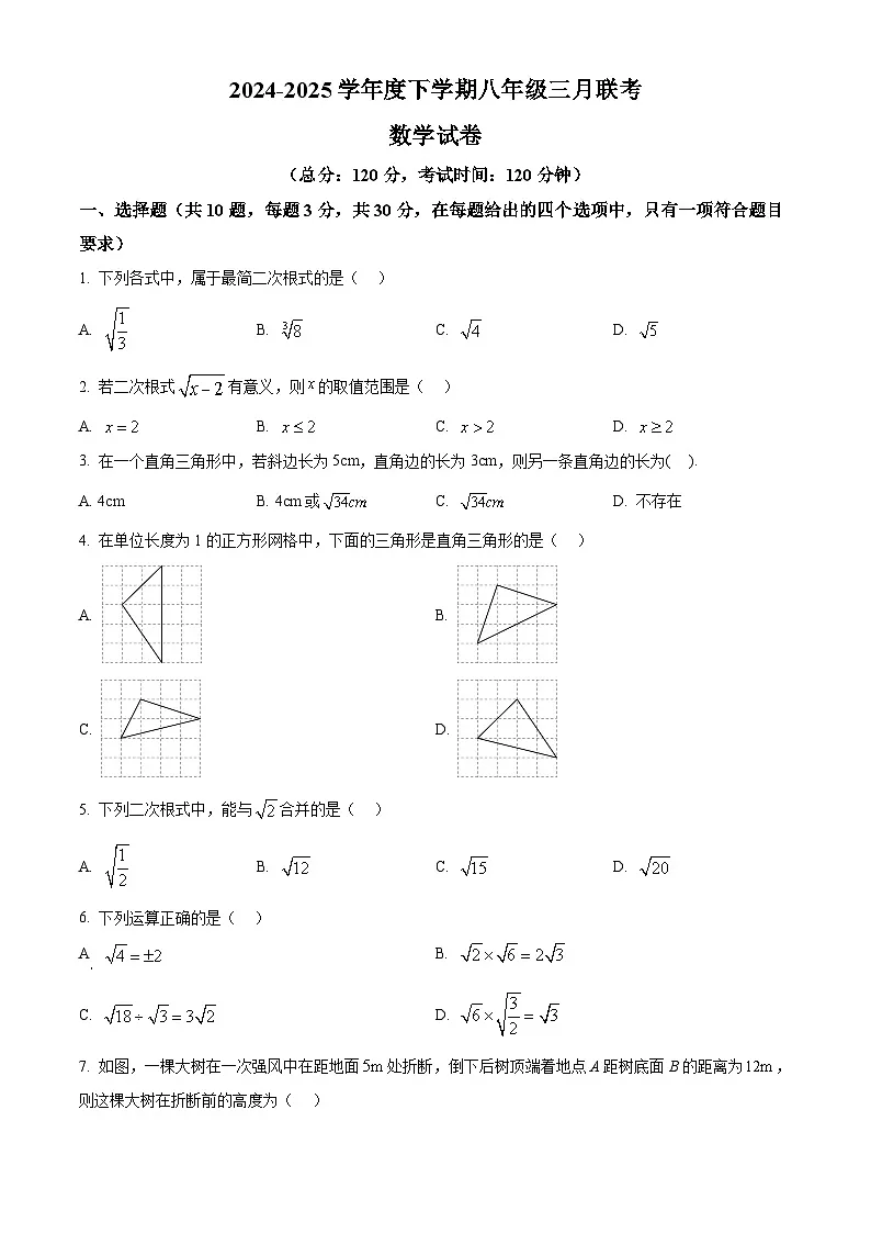 湖北省省直辖县级行政单位13校2024-2025学年八年级下学期3月月考数学试题（原卷版+解析版）第1页