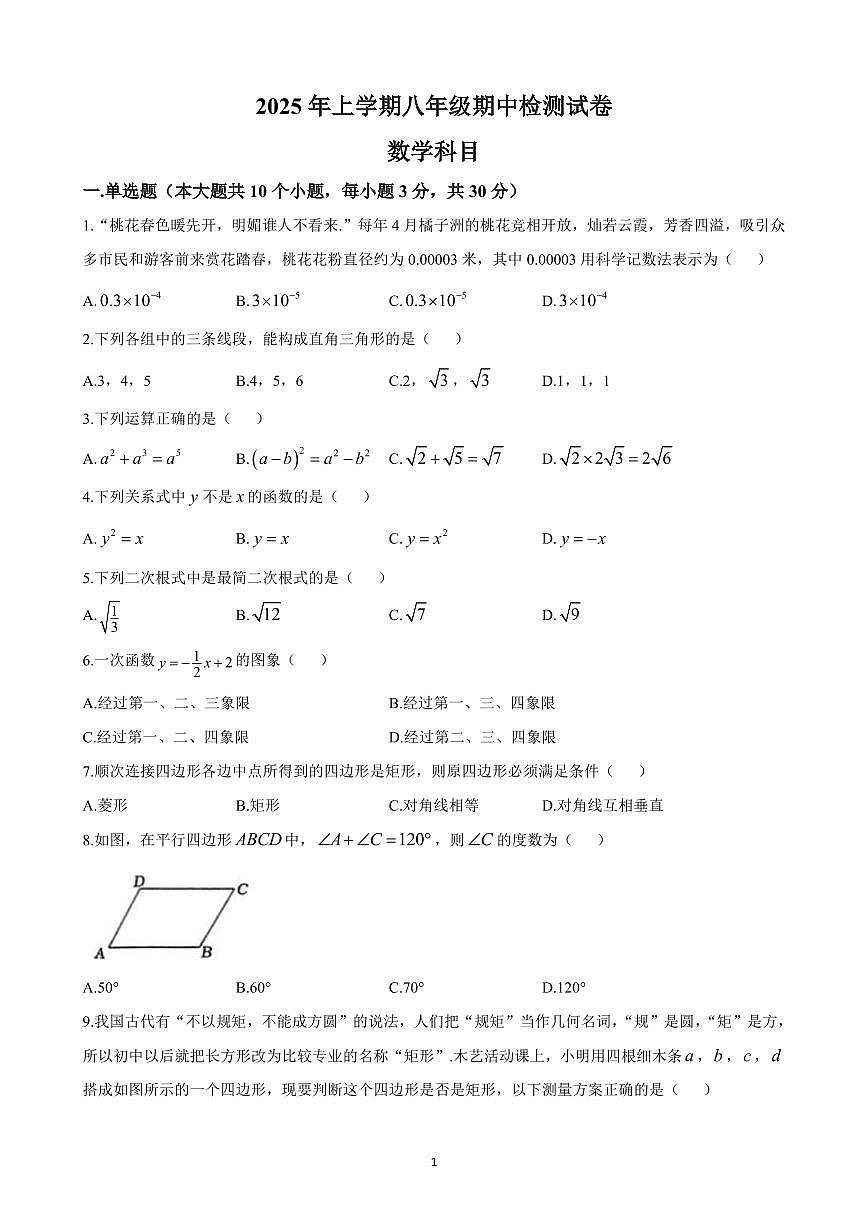长沙市雅礼教育集团2024-2025学年八年级下学期期中考试数学试卷第1页