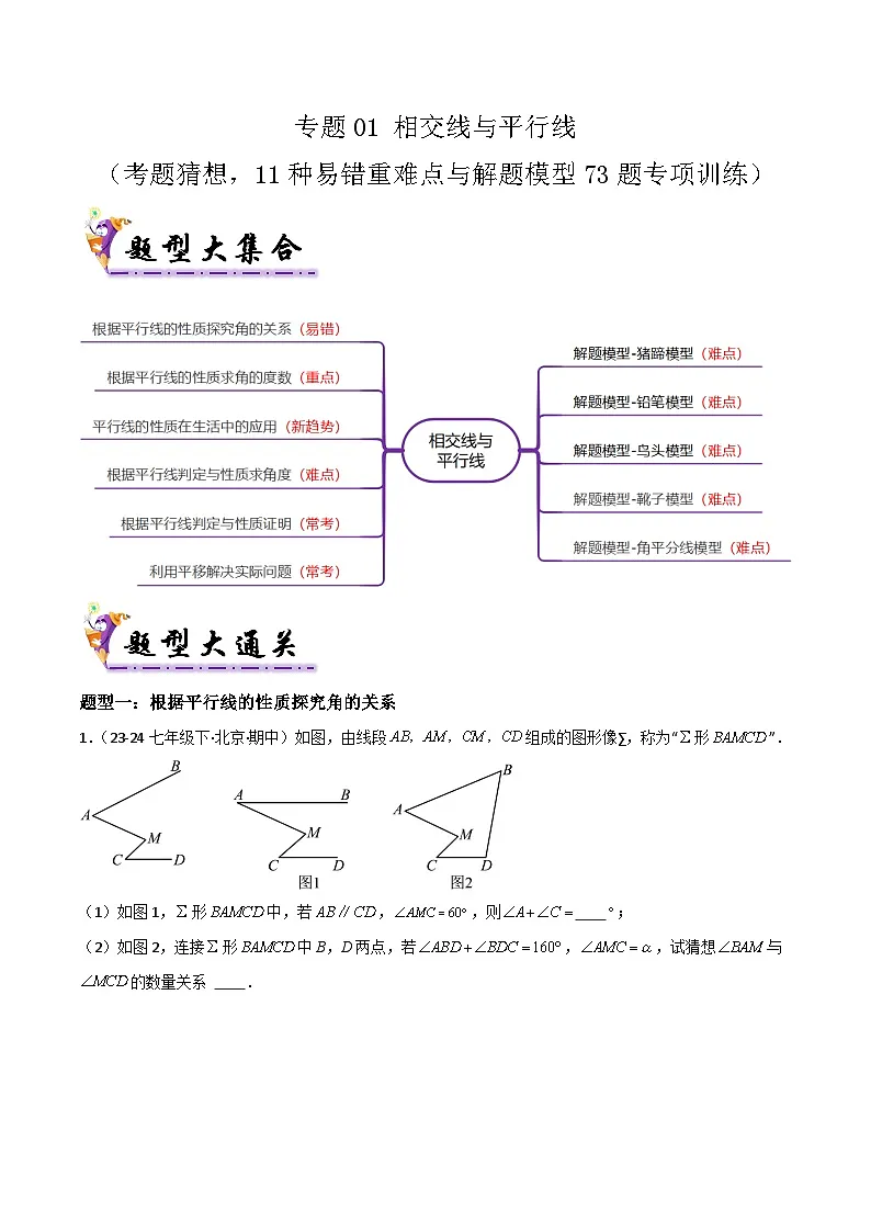 专题01 相交线与平行线（考题猜想，11种易错重难点与解题模型73题专项训练）原卷版第1页