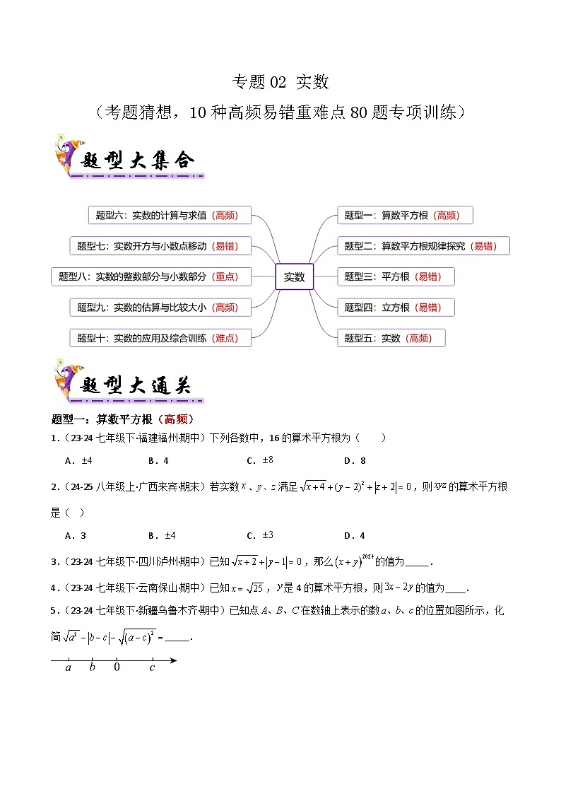 专题02 实数（考题猜想，10种高频易错重难点80题专项训练）（原卷版）第1页