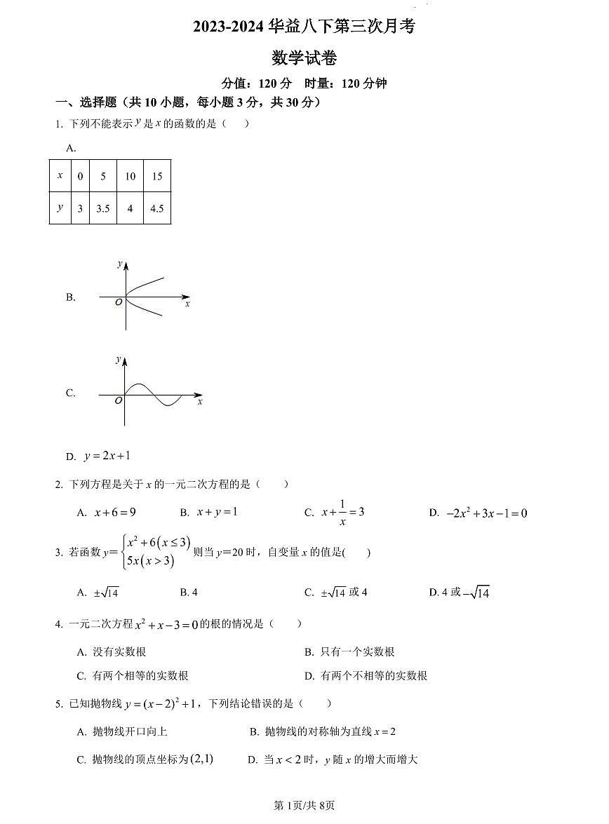 【全套精品专题】学校复习专题精讲人教版试卷练习2023-2024华益八下第三次月考数学试卷(试卷带解析）第1页