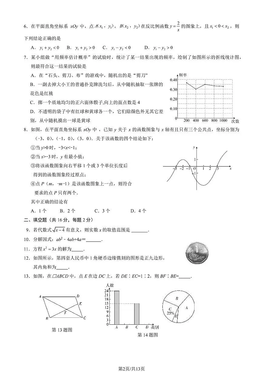 2024北京丰台初三二模数学试卷(含答案）第2页