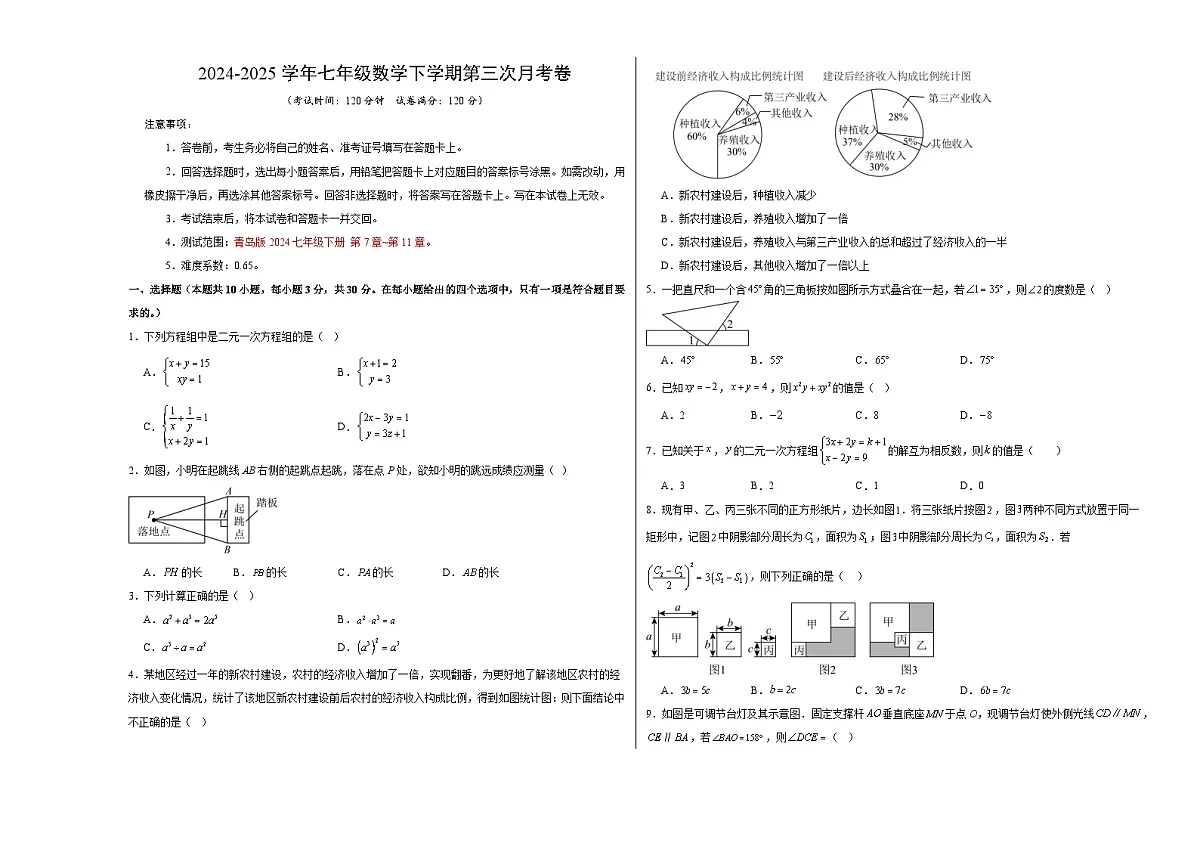 七年级数学月考卷【测试范围：七下第7~11章】（考试版A3）（青岛版2024）第1页