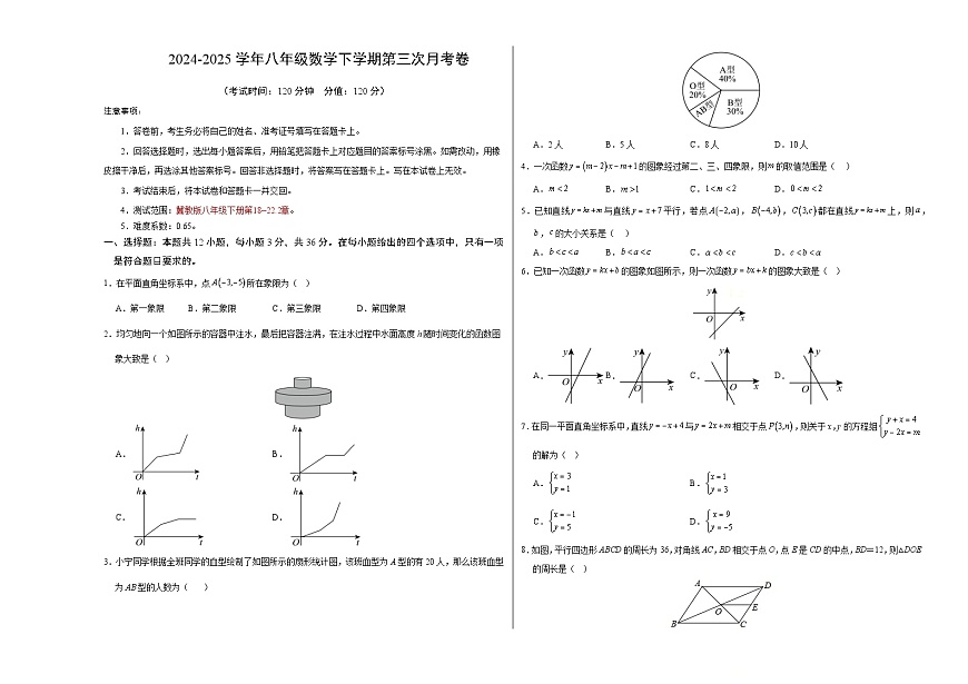 八年级数学月考卷【测试范围：八下第18~22.2章】（考试版A3）（冀教版）第1页