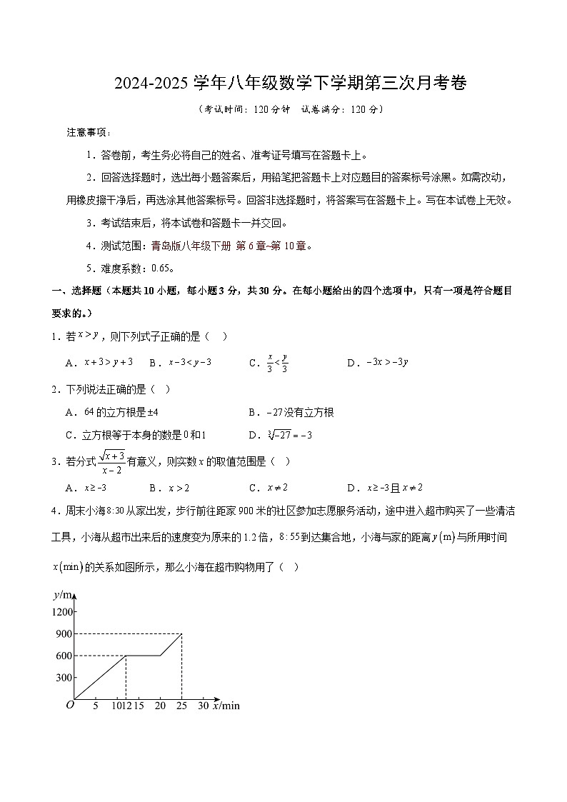 八年级数学月考卷【测试范围：八下第6~10章】（考试版）（青岛版）第1页