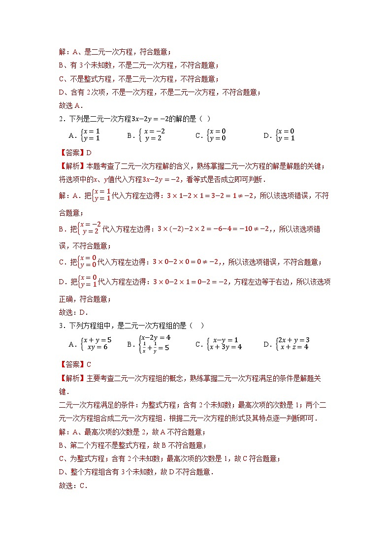 10.1 二元一次方程组的概念-同步练习第3页