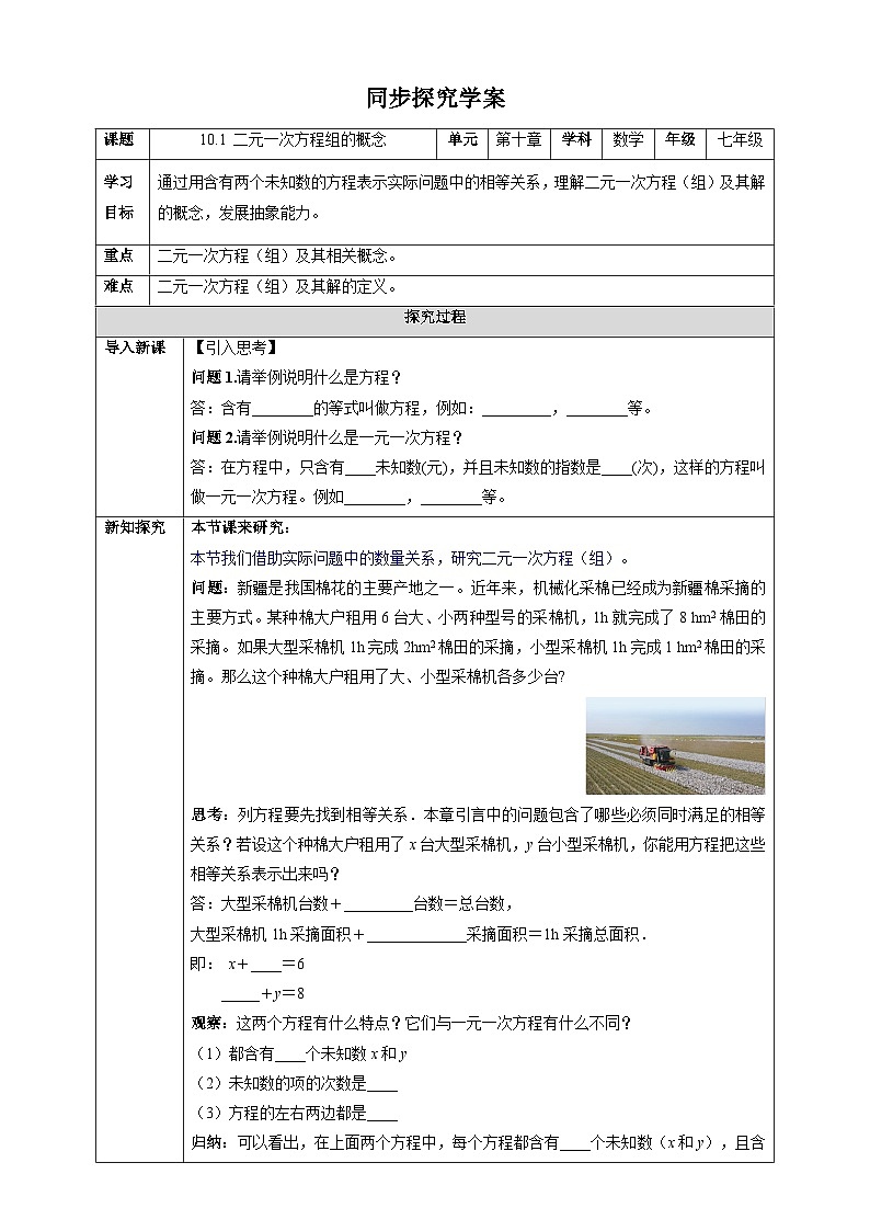10.1 二元一次方程组的概念-同步探究学案第1页