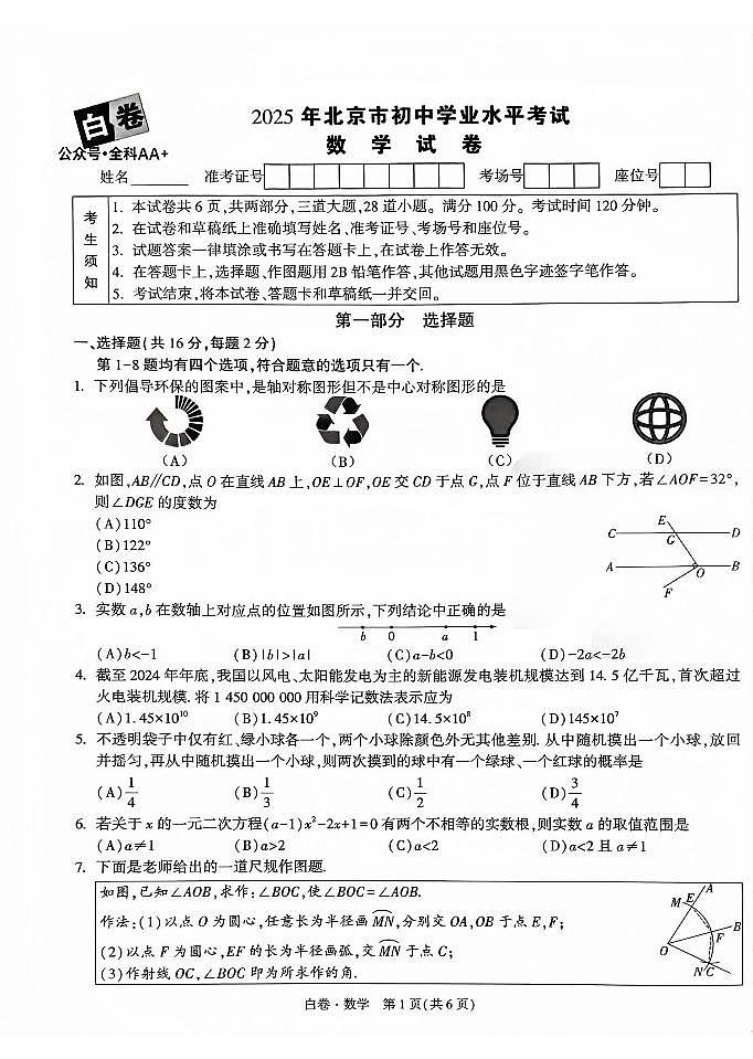 2025《万唯中考•北京黑白卷》数学白卷第1页