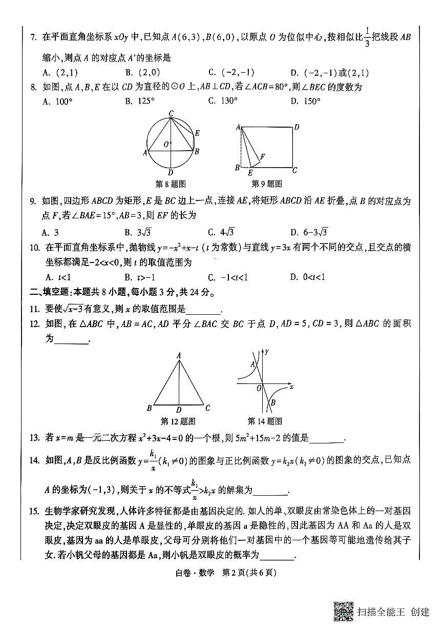 2025《万唯中考•湖南黑白卷》数学白卷第2页