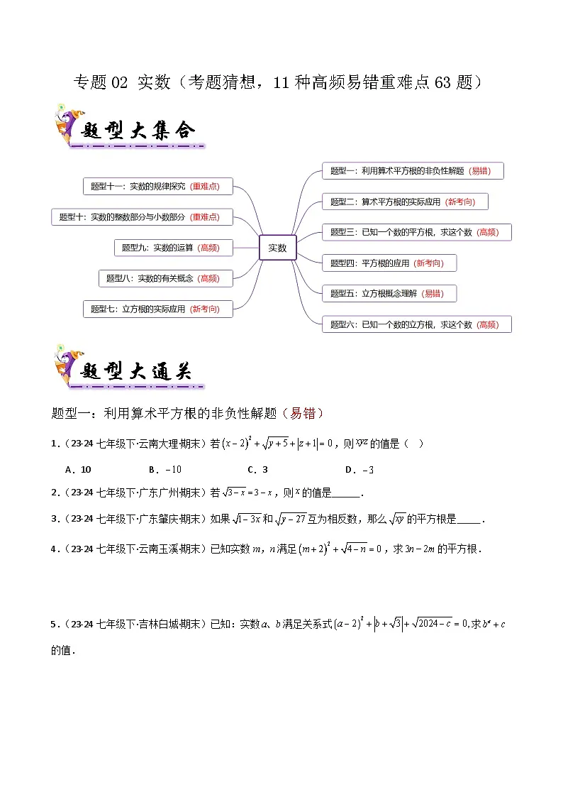 专题02 实数（考题猜想，11种高频易错重难点63题）原卷版第1页