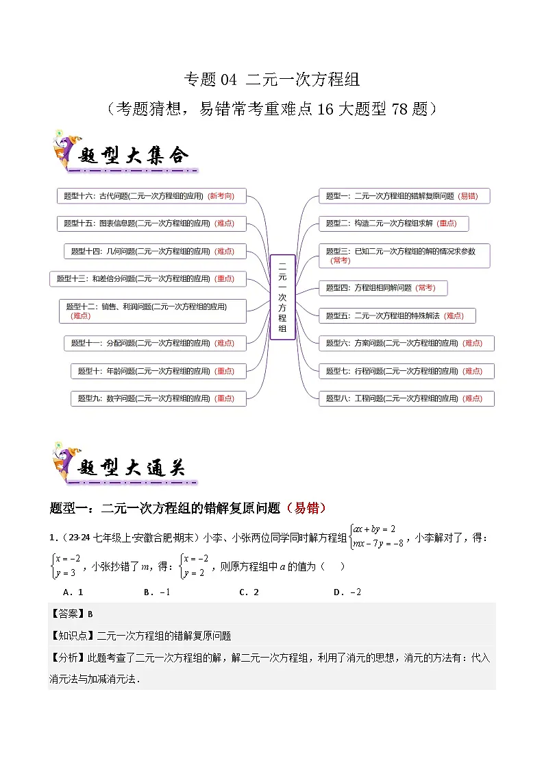 专题04 二元一次方程组（考题猜想，易错常考重难点16大题型78题）（解析版）第1页