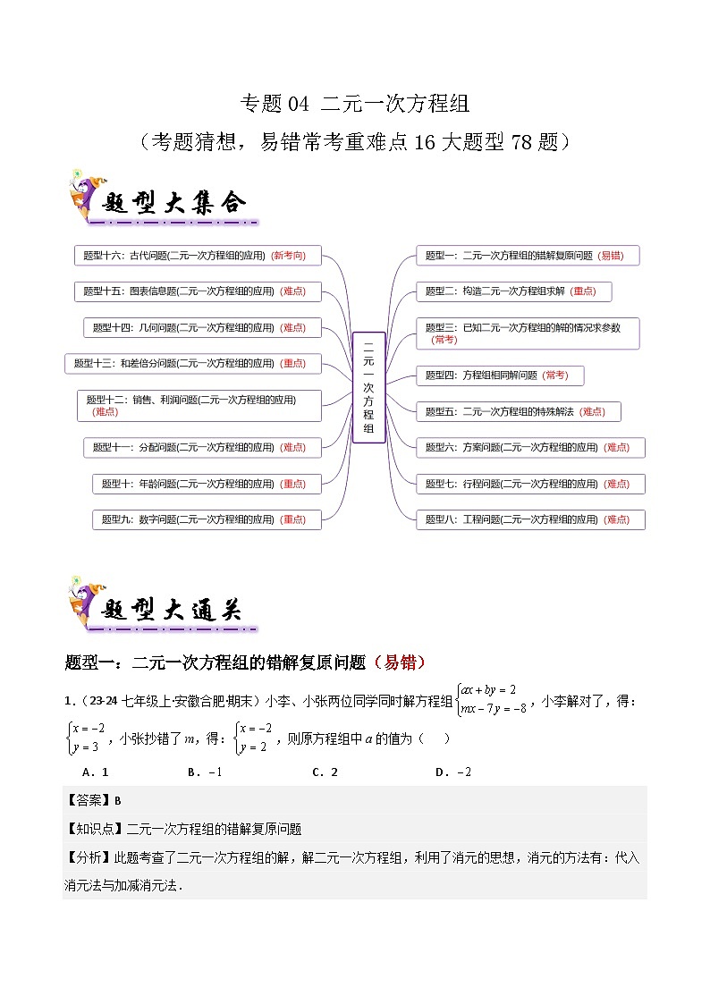 专题04 二元一次方程组（考题猜想，易错常考重难点16大题型78题）（解析版）第1页