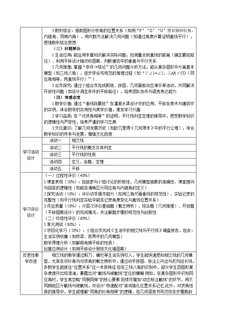 第7章 相交线与平行线 - 初中数学七年级下册 整体单元教学设计（人教版2024）第2页