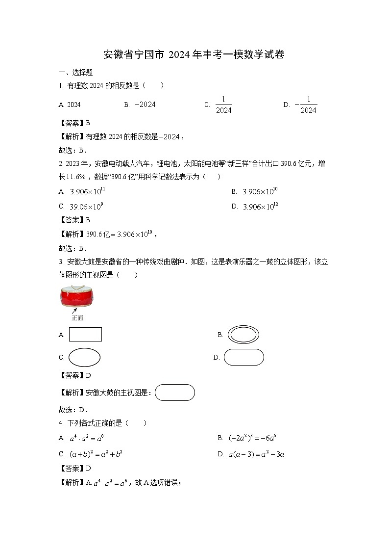 安徽省宁国市2024年中考一模数学试卷（解析版）第1页
