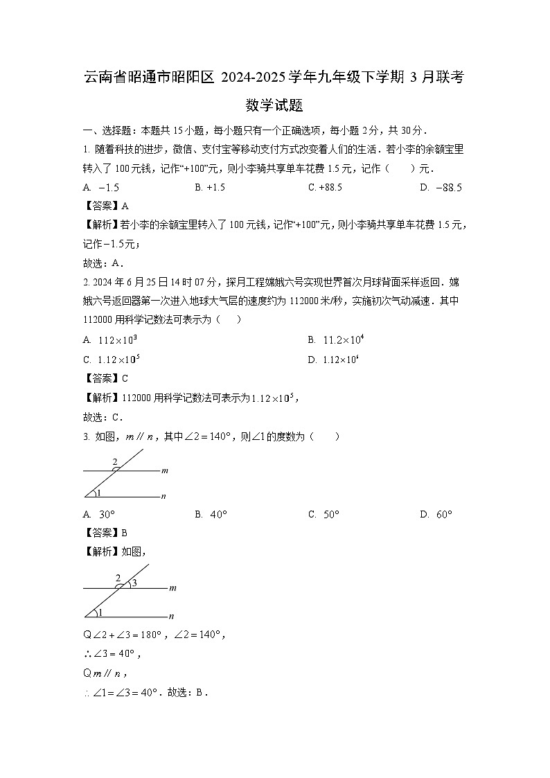 云南省昭通市昭阳区2024-2025学年九年级下学期3月联考数学试题（解析版）第1页