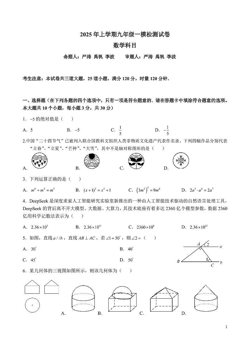 2025 年雅礼集团九年级一模检测试卷数学试卷第1页