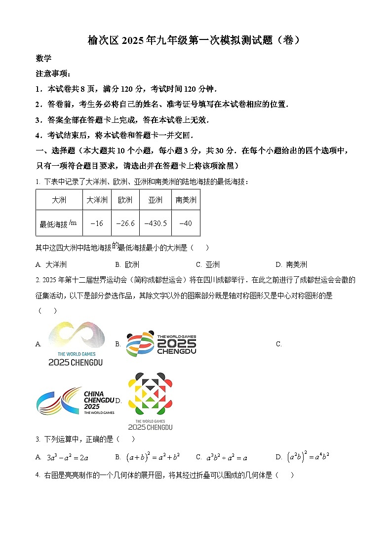 山西省晋中市榆次区2025年九年级中考一模数学试卷（原卷版+解析版）第1页