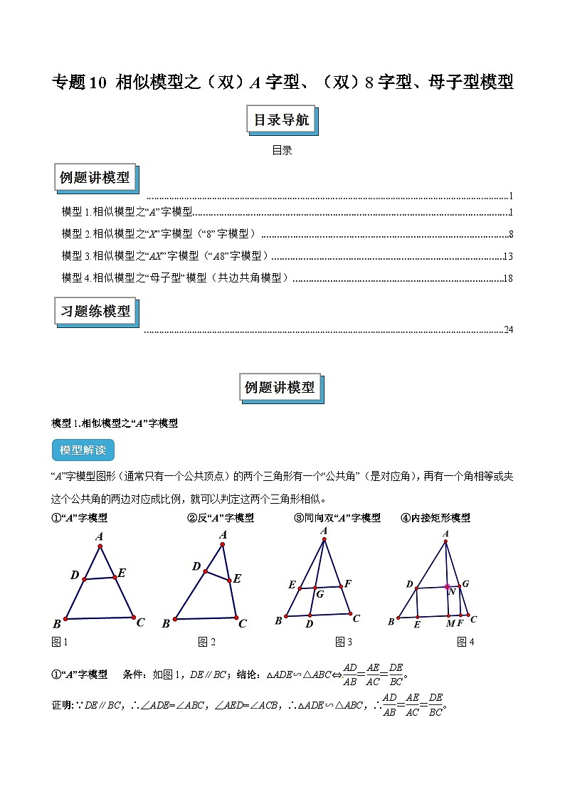 专题10 相似三角形模型之（双）A字型、（双）8字型、母子型模型解读与提分精练（原卷版）第1页