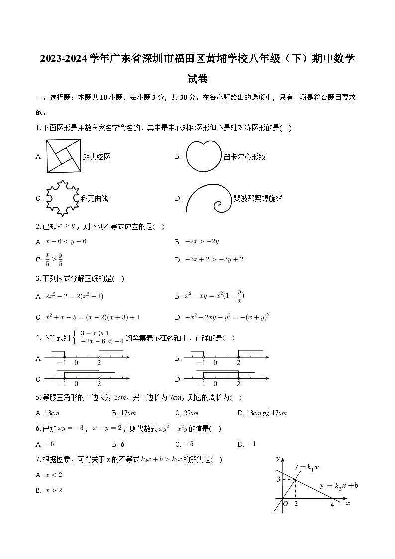 广东省深圳市福田区黄埔学校2023-2024学年八年级下学期期中数学试卷第1页
