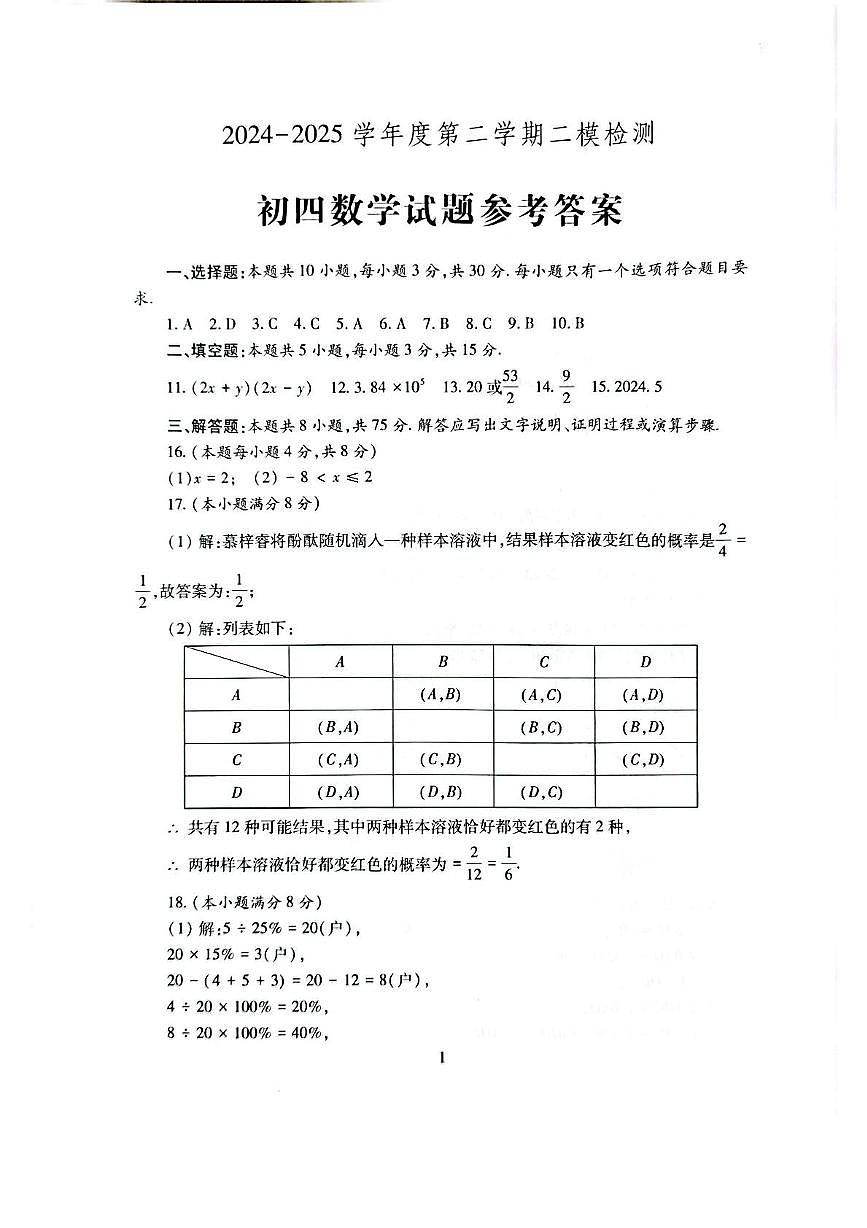 山东济宁市任城区2025年二模九年级数学答案第1页